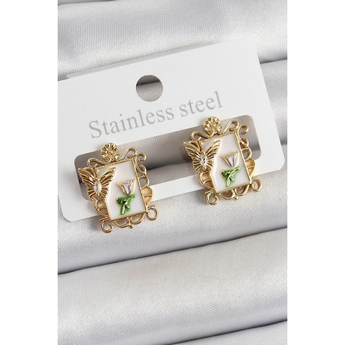 Pirinç Beyaz Mineli Sanatsal Portre Model Gold Renk Kadın Küpe - TJ-BKP10683