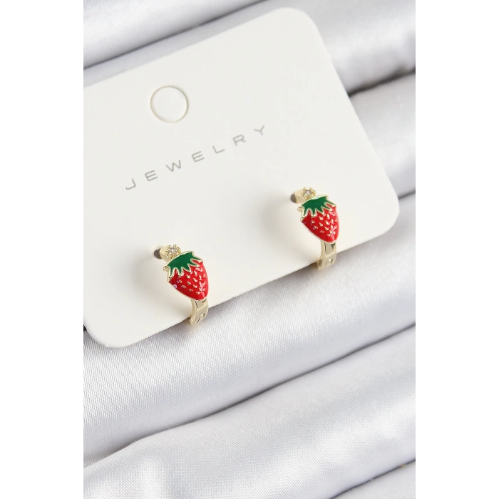 Pirinç Çilek Model Gold Renk Çocuk Küpe - TJ-BKP10906