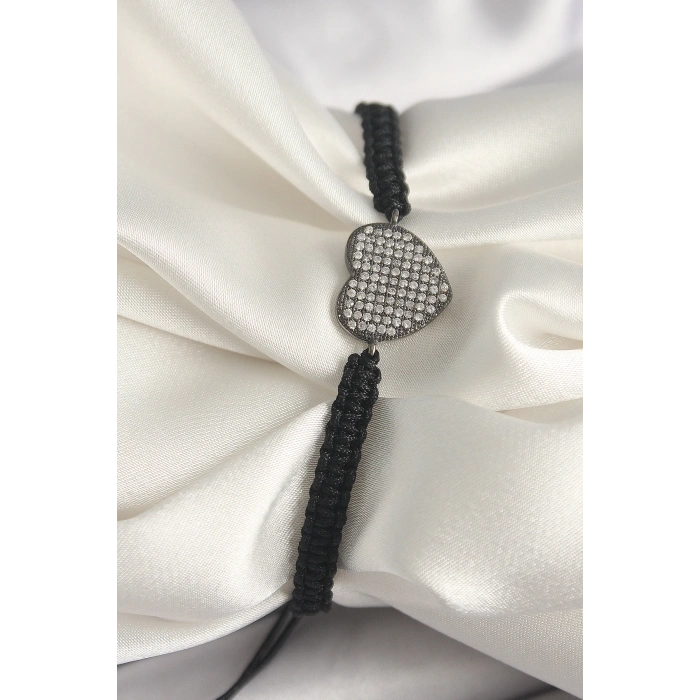 Pirinç Füme Renk Zirkon Taşlı Kalp Figür Asansörlü Makrome Model Kadın Bileklik - TJ-BB6794