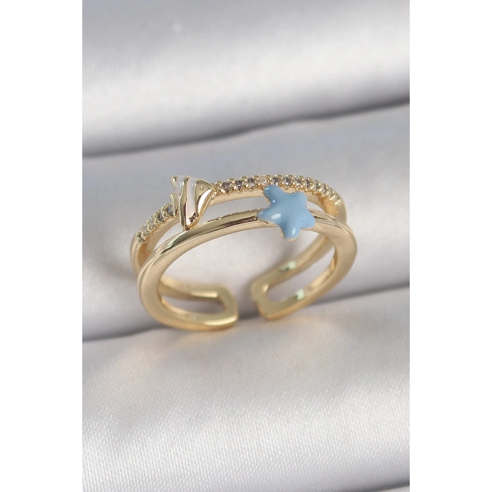 Pirinç Gold Renk 2Li Zirkon Taşlı Mavi Yıldız Figür Ayarlanabilir Kadın Yüzük - TJ-BYK3739
