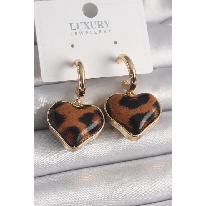 Pirinç Gold Renk 3D Kalp Leopar Desen Model Kadın Küpe - TJ-BKP9875