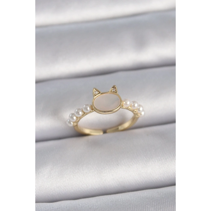 Pirinç Gold Renk Ayarlanabilir Beyaz Mineli Kedi Model İnci Detay Kadın Yüzük - TJ-BYK3386
