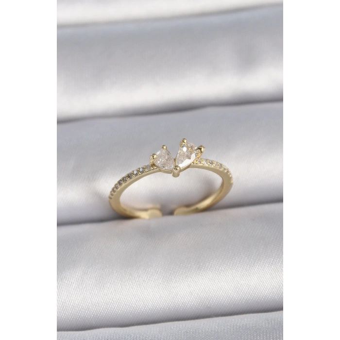 Pirinç Gold Renk Ayarlanabilir Zirkon Taşlı Kalp Model Kadın Yüzük - TJ-BYK3406