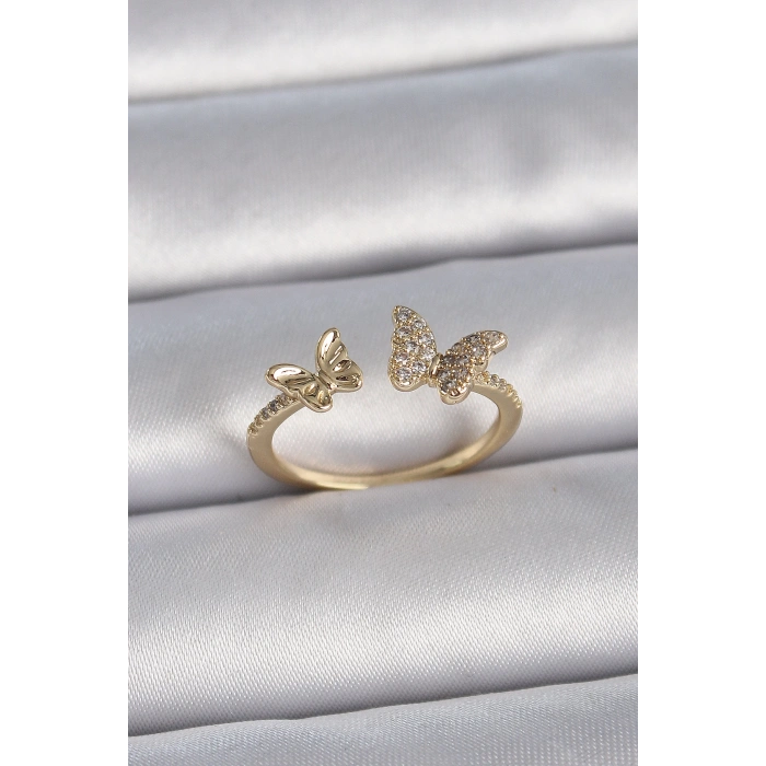 Pirinç Gold Renk Ayarlanabilir Zirkon Taşlı Kelebek Model Kadın Yüzük - TJ-BYK3374