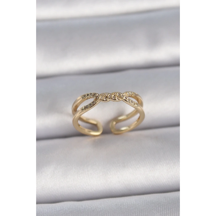 Pirinç Gold Renk Ayarlanabilir Zirkon Taşlı Sarmal Model Kadın Yüzük - TJ-BYK3400
