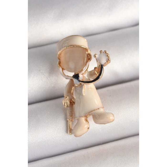 Pirinç Gold Renk Beyaz Mineli Doktor Model Kadın Broş - TJ-BR428