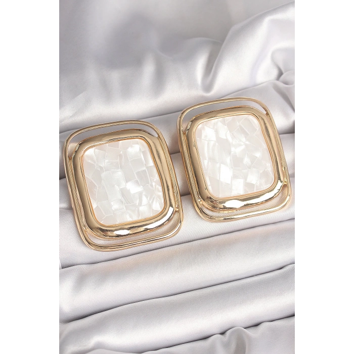 Pirinç Gold Renk Beyaz Mineli Kare Model Kadın Küpe - TJ-BKP10428