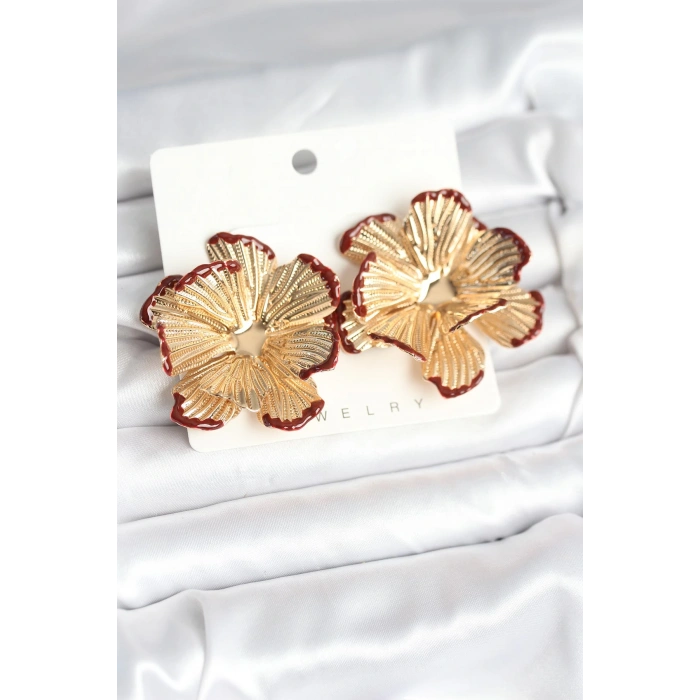 Pirinç Gold Renk Bordo Renk Detaylı Lotus Kadın Küpe - TJ-BKP11366