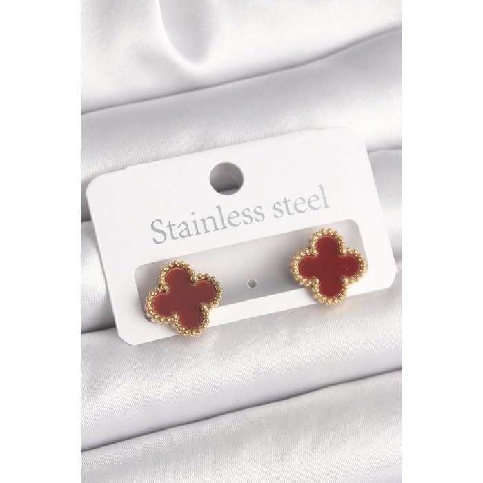 Pirinç Gold Renk Bordo Yonca Model Kadın Küpe - TJ-BKP10360