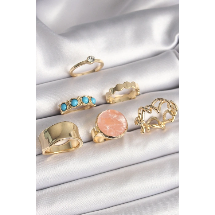 Pirinç Gold Renk Daire Pembe Mineli Zirkon Taş Detaylı 6Lı Kadın Yüzük Seti - TJ-BYK3610