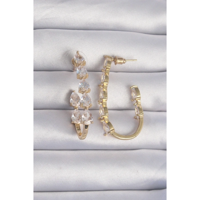 Pirinç Gold Renk Damla Zirkon Taş Tasarımlı Küpe - TJ-BKP9198