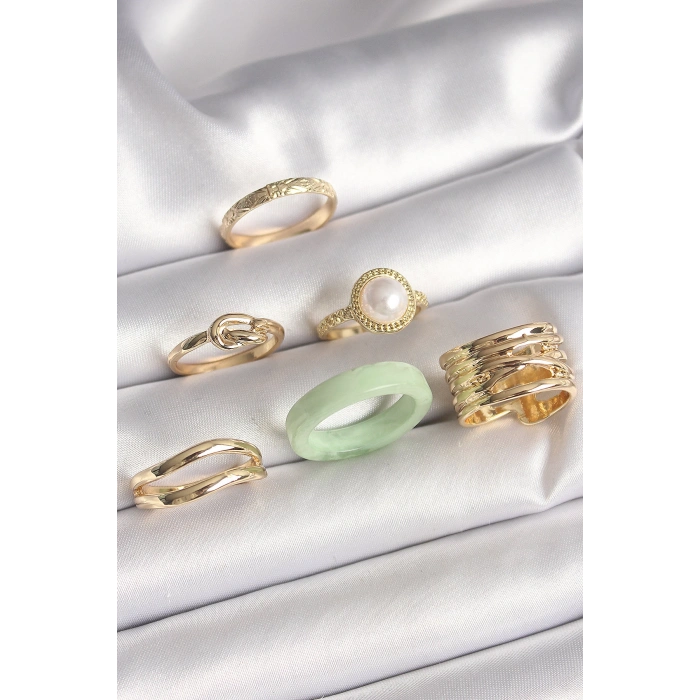 Pirinç Gold Renk Düğüm Model İncili İşlemeli Plaka Model 6Lı Kadın Yüzük Seti - TJ-BYK3621