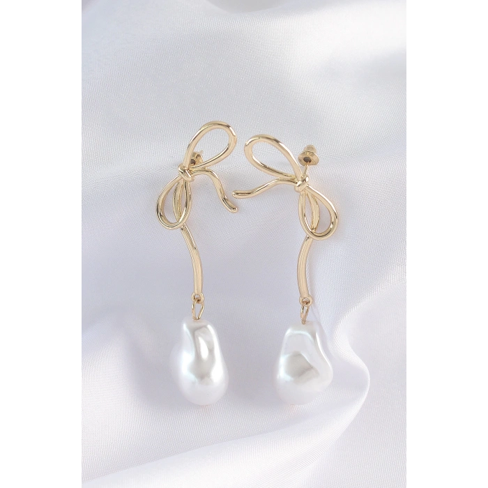 Pirinç Gold Renk Fiyonk Model İnci Taşlı Uzun Küpe - TJ-BKP8923