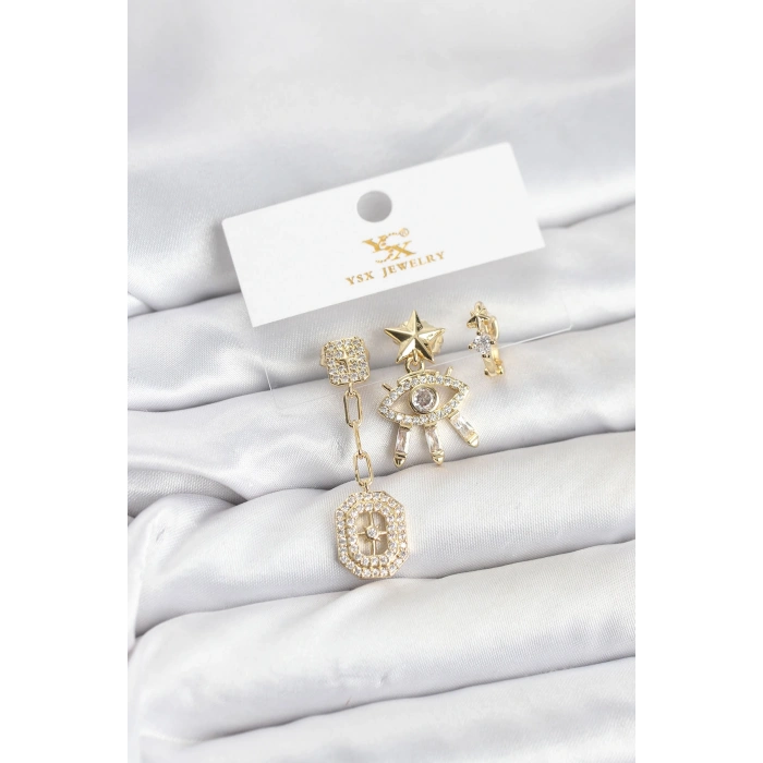 Pirinç Gold Renk Göz ve Kutup Yıldızı Model YSX Trio Küpe Seti - TJ-BKP11556