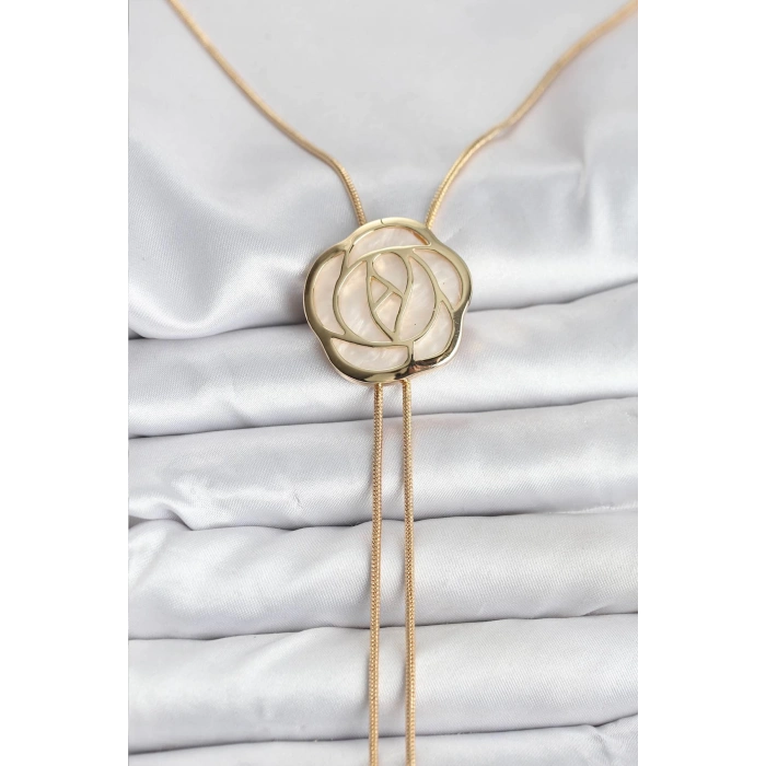 Pirinç Gold Renk Gül Model Asansörlü Kadın Kolye - TJ-BKO10636