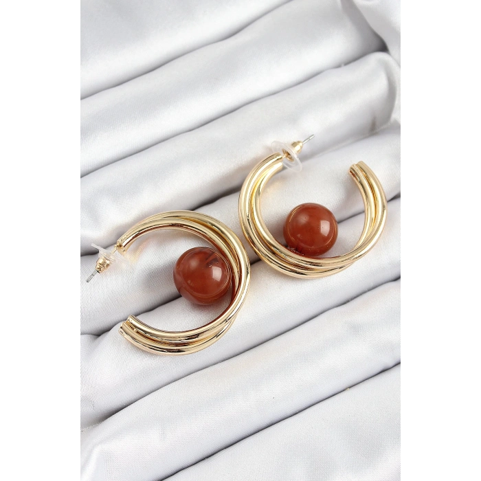 Pirinç Gold Renk Halka Model Kahverengi Boncuk Detay Kadın Küpe - TJ-BKP10364