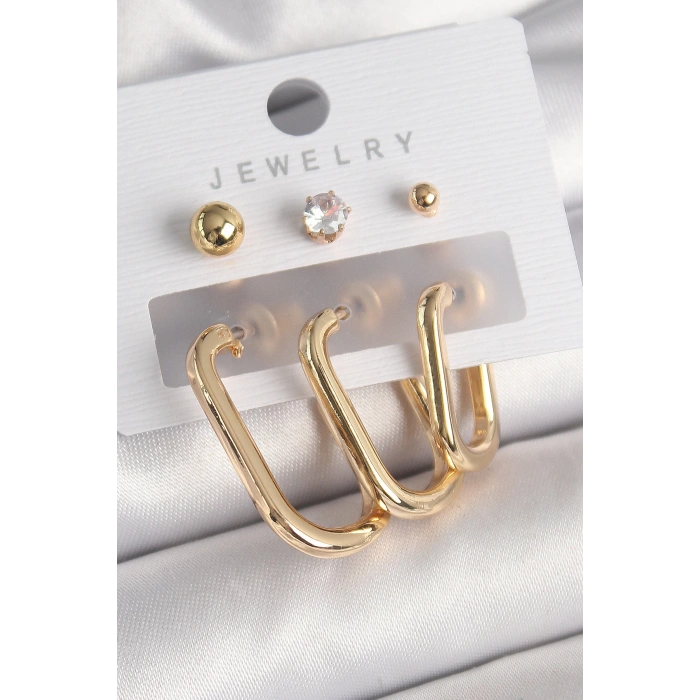 Pirinç Gold Renk Halka Model Zirkon Taş Topçuk Detay Kadın Küpe Seti - TJ-BKP10314