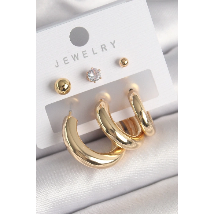 Pirinç Gold Renk Halka Model Zirkon Taşlı Topçuk Detay Kadın Küpe - TJ-BKP10306