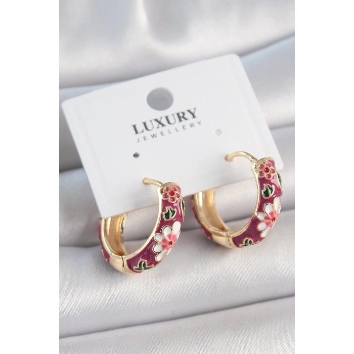 Pirinç Gold Renk Halka Mor Çiçek Mineli Kadın Küpe - TJ-BKP10474