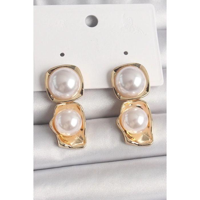 Pirinç Gold Renk İnci Kare Model Kadın Küpe - TJ-BKP10071