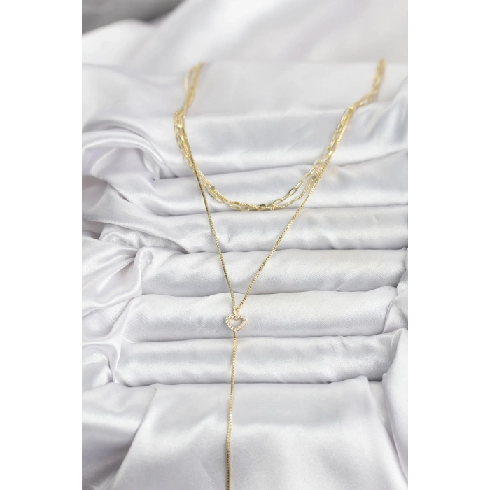 Pirinç Gold Renk Kalp Detaylı 3lü Kombin Y Kadın Kolye - TJ-BKO10690