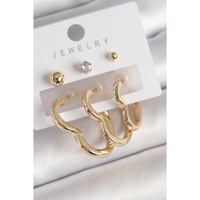 Pirinç Gold Renk Kalp Model Zirkon Taşlı Topçuk Detay Kadın Küpe Seti - TJ-BKP10308