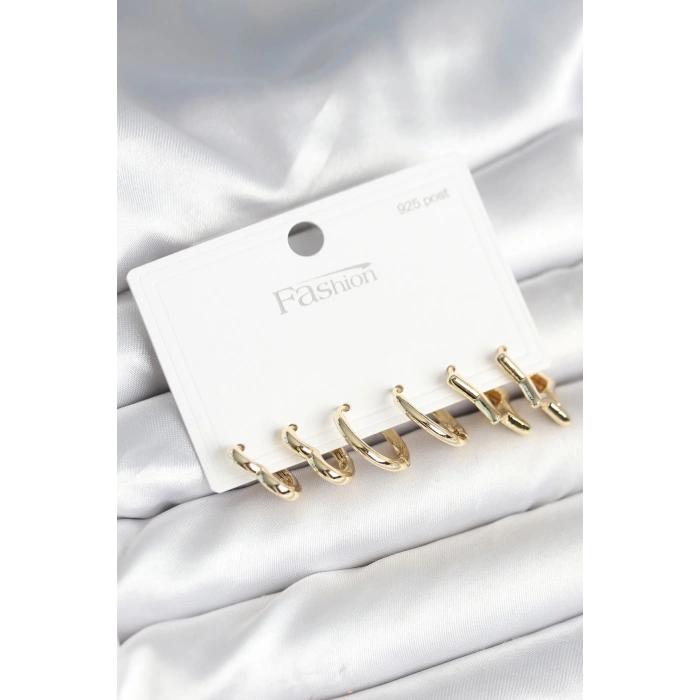 Pirinç Gold Renk Kalp Yıldız ve Halka Model 925 Ayar Gümüş Çivili Kadın Küpe Seti - TJ-BKP11262