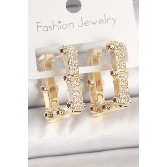 Pirinç Gold Renk Kare Zirkon Taşlı Kadın Küpe - TJ-BKP10373