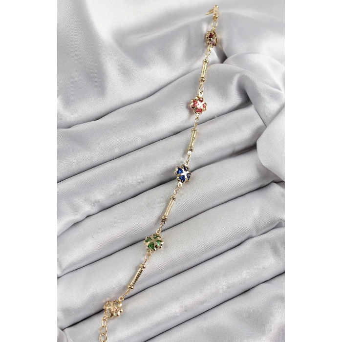 Pirinç Gold Renk Karışık Renk Yonca Zirkon Taşlı Kadın Bileklik - TJ-BB7056