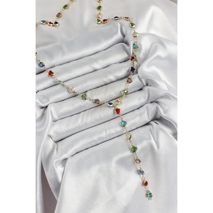 Pirinç Gold Renk Karışık Renk Zirkon Taşlı Kalpli Y Kadın Kolye - TJ-BKO10303