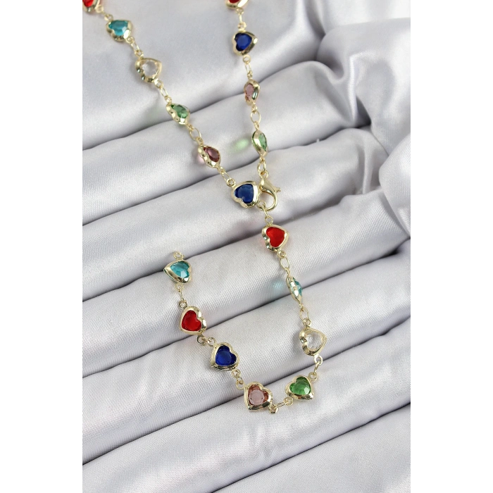 Pirinç Gold Renk Karışık Renk Zirkon Taşlı Kalpli Y Kadın Kolye - TJ-BKO10303