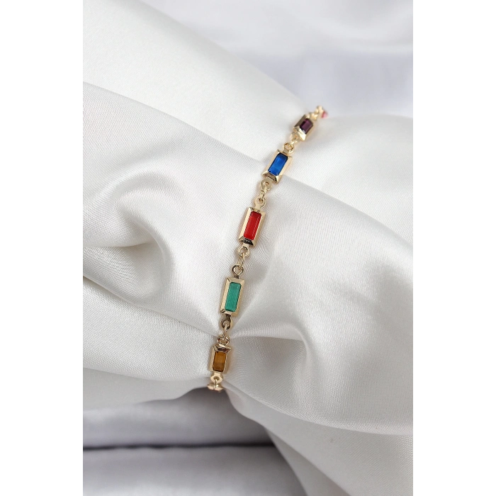 Pirinç Gold Renk Karışık Renkli Kare Zirkon Taşlı Kadın Bileklik - TJ-BB7040