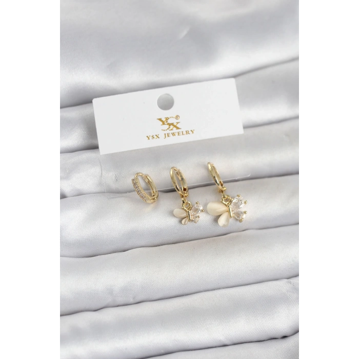 Pirinç Gold Renk Kelebek Model 3lü Kadın Küpe - TJ-BKP11709
