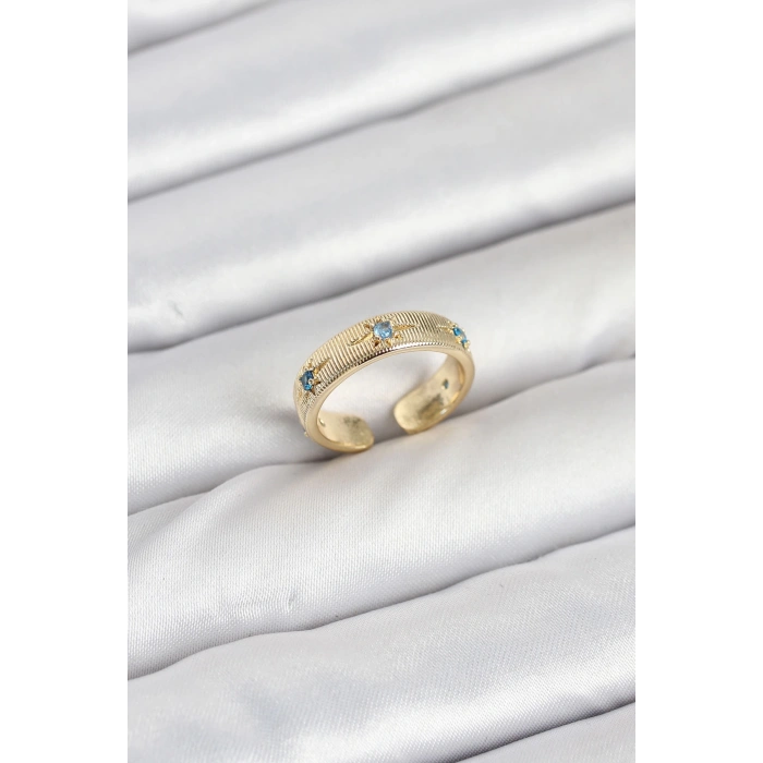 Pirinç Gold Renk Mavi Zirkon Taşlı Kutup Yıldızı Model Kadın Yüzük - TJ-BYK3896