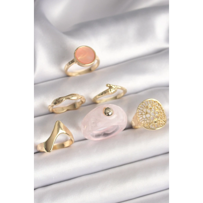 Pirinç Gold Renk Pembe Plastik Yüzük Model Daire Pembe Mine Yılan Detay 6Lı Kadın Yüzük Seti - TJ-BYK3613