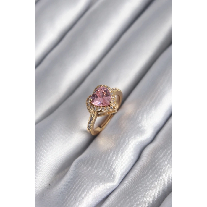 Pirinç Gold Renk Pembe Zirkon Taşlı Charm Kalp Model Kadın Yüzük - TJ-BYK2951