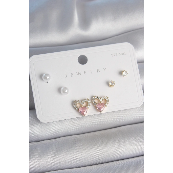 Pirinç Gold Renk Pembe Zirkon Taşlı Kalp Model İnci Detay 925 Ayar Kadın Küpe Seti - TJ-BKP10488