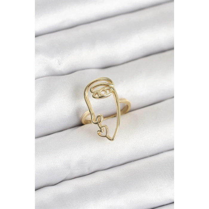 Pirinç Gold Renk Picasso Tarzı Tek Çizgi Yüz Model Kadın Yüzük - TJ-BYK4158