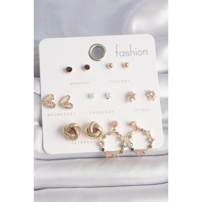 Pirinç Gold Renk Renkli Zirkon Taşlı Kalp Detay 7 Çift Kadın Küpe Seti - TJ-BKP10162