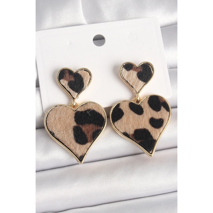 Pirinç Gold Renk Sallantı Leopar Kalp Model Kadın Küpe - TJ-BKP10337