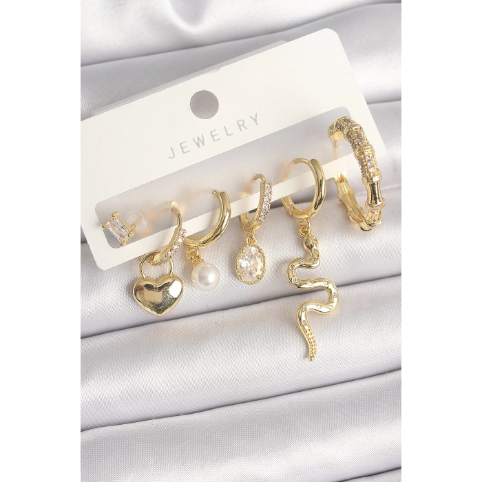 Pirinç Gold Renk Sallantı Yılan Model Zirkon Taşlı Halka Kilit Kalp Detay Kadın Küpe Seti - TJ-BKP10369