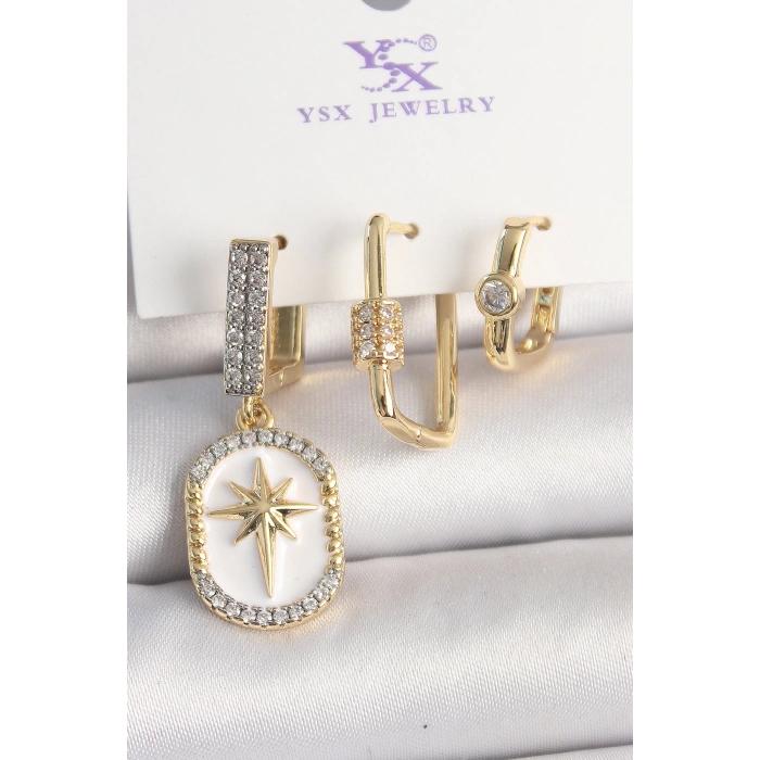 Pirinç Gold Renk Sallantı Zirkon Taş İşlmeli Yıldız Portre Model 3Lü Kadın Kombin Küpe - TJ-BKP10452