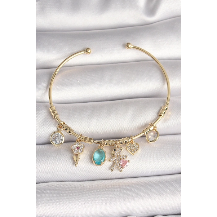 Pirinç Gold Renk Sallantı Zirkon Taşlı AYıcık Figür Kalp Detay Charm Kadın Bileklik - TJ-BB6894