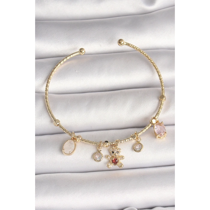 Pirinç Gold Renk Sallantı Zirkon Taşlı Ayıcık Figür Kırmızı Kalp Detay Charm Kadın Bileklik - TJ-BB6896