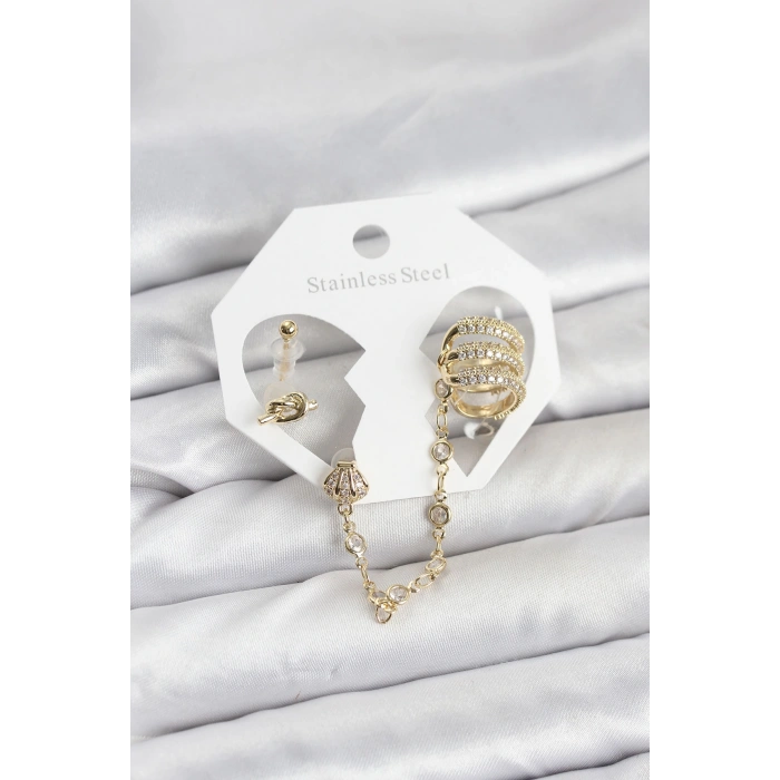 Pirinç Gold Renk Sarmal Model Zincir Bağlantılı Ear Cuff Küpe Seti - TJ-BKP11536