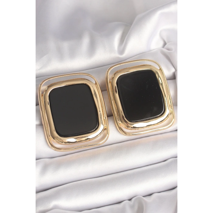 Pirinç Gold Renk Siyah Mineli Kare Model Kadın Küpe - TJ-BKP10429