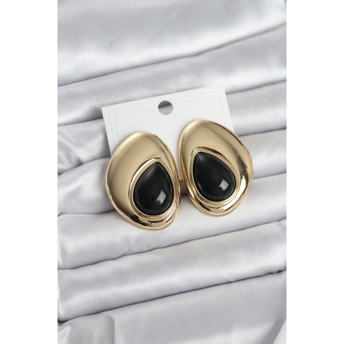 Pirinç Gold Renk Siyah Taşlı Damla Model Vintage Kadın Küpe - TJ-BKP11681