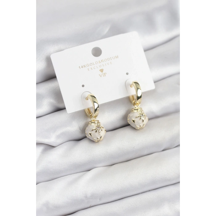 Pirinç Gold Renk Topçuk Model Mineli Halka Kadın Küpe - TJ-BKP11636