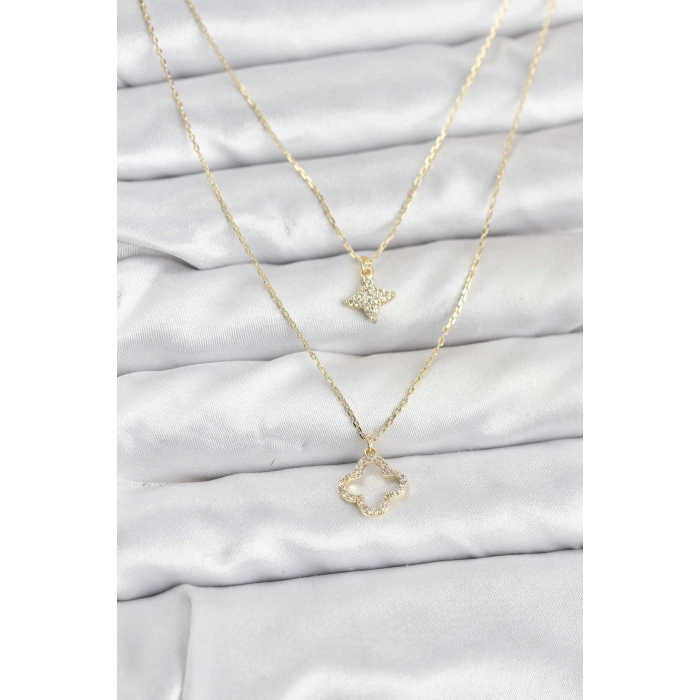 Pirinç Gold Renk Yonca Model 2li Kadın Kolye - TJ-BKO10801