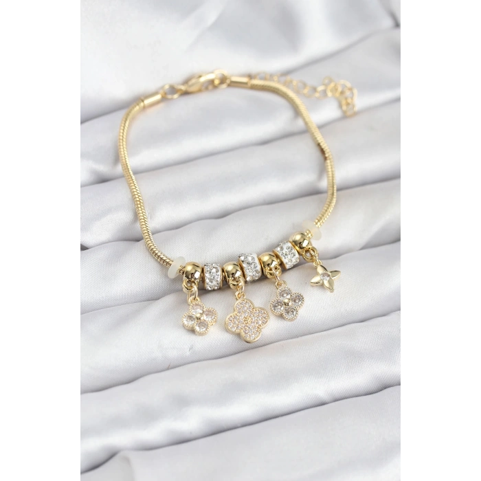 Pirinç Gold Renk Yonca Model Kadın Bileklik - TJ-BB8195